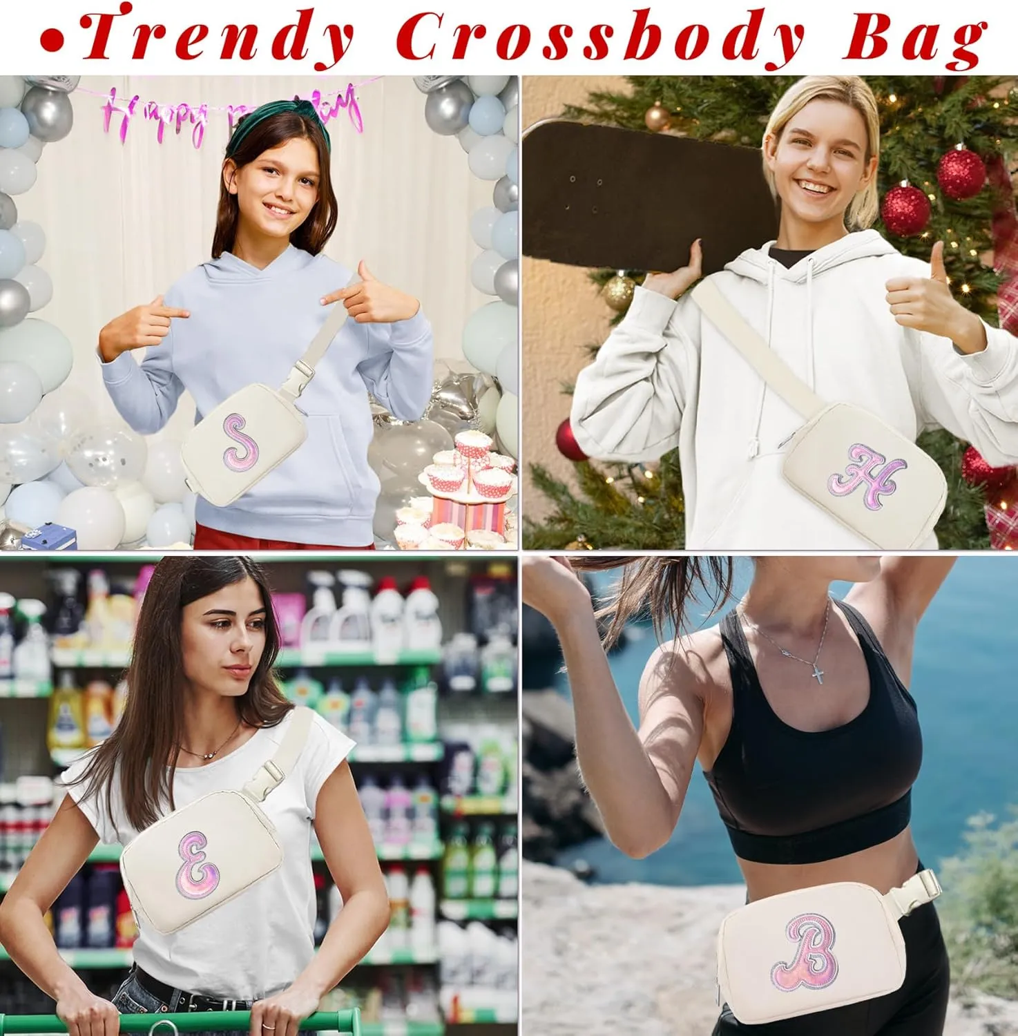 COSHAYSOO Ivory Belt Bag Fanny Pack Crossbody Initial Letter Waist Chest Purse Birthday Halloween Thanksgiving Appreciation Gifts for Women Teacher Nurse Coach Friends Big Sister Travel Essential S