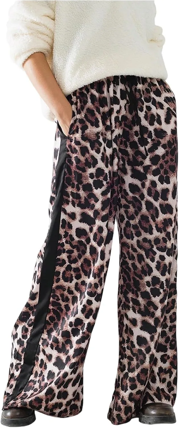 COZYEASE Women's Leopard Print Wide Leg Pants Cheetah Drawstring Waist Color Block Long Trousers