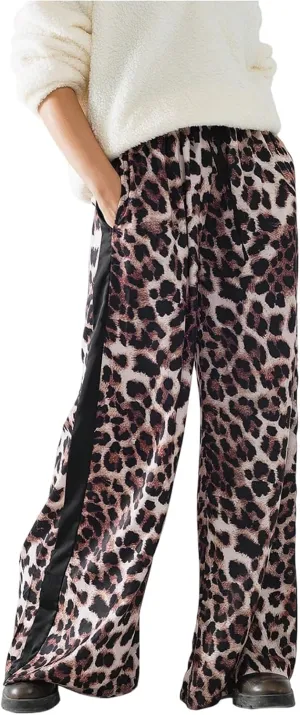 COZYEASE Women's Leopard Print Wide Leg Pants Cheetah Drawstring Waist Color Block Long Trousers
