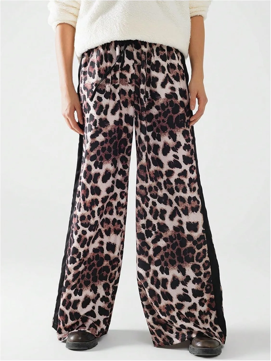 COZYEASE Women's Leopard Print Wide Leg Pants Cheetah Drawstring Waist Color Block Long Trousers