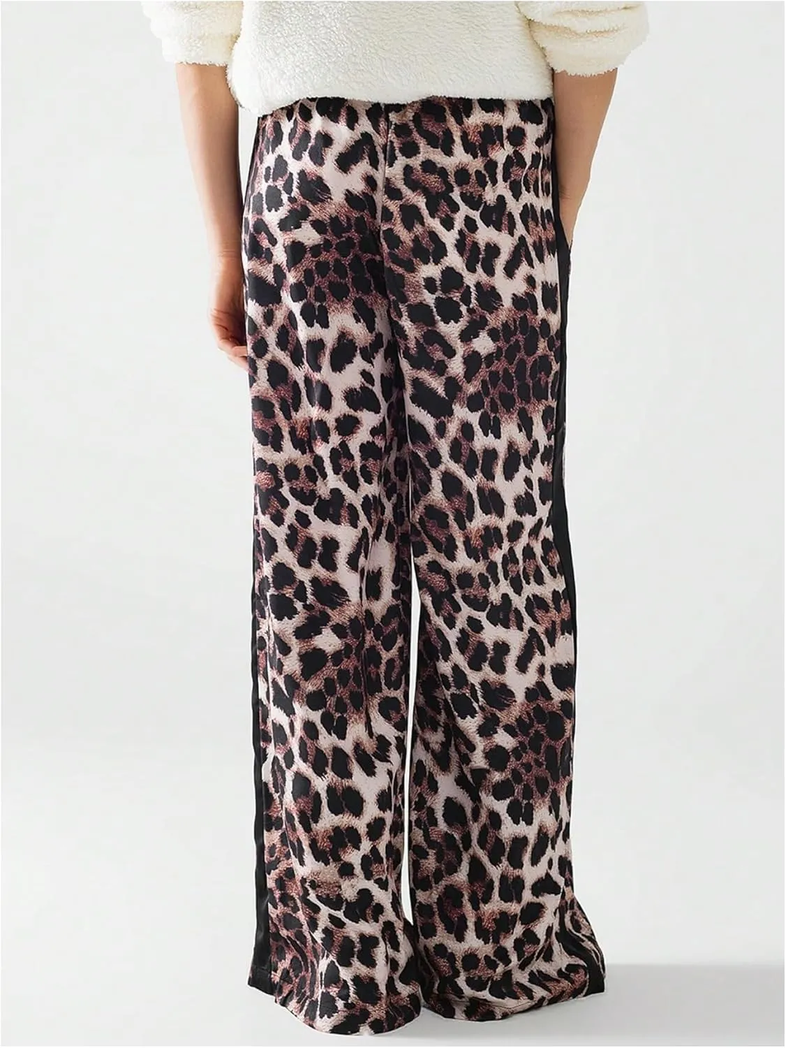 COZYEASE Women's Leopard Print Wide Leg Pants Cheetah Drawstring Waist Color Block Long Trousers