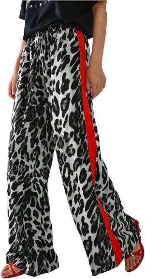 COZYEASE Women's Leopard Print Wide Leg Pants Cheetah Drawstring Waist Color Block Long Trousers