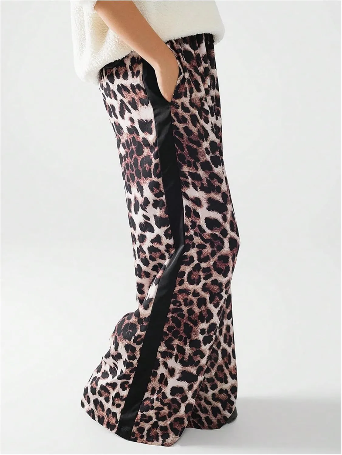 COZYEASE Women's Leopard Print Wide Leg Pants Cheetah Drawstring Waist Color Block Long Trousers
