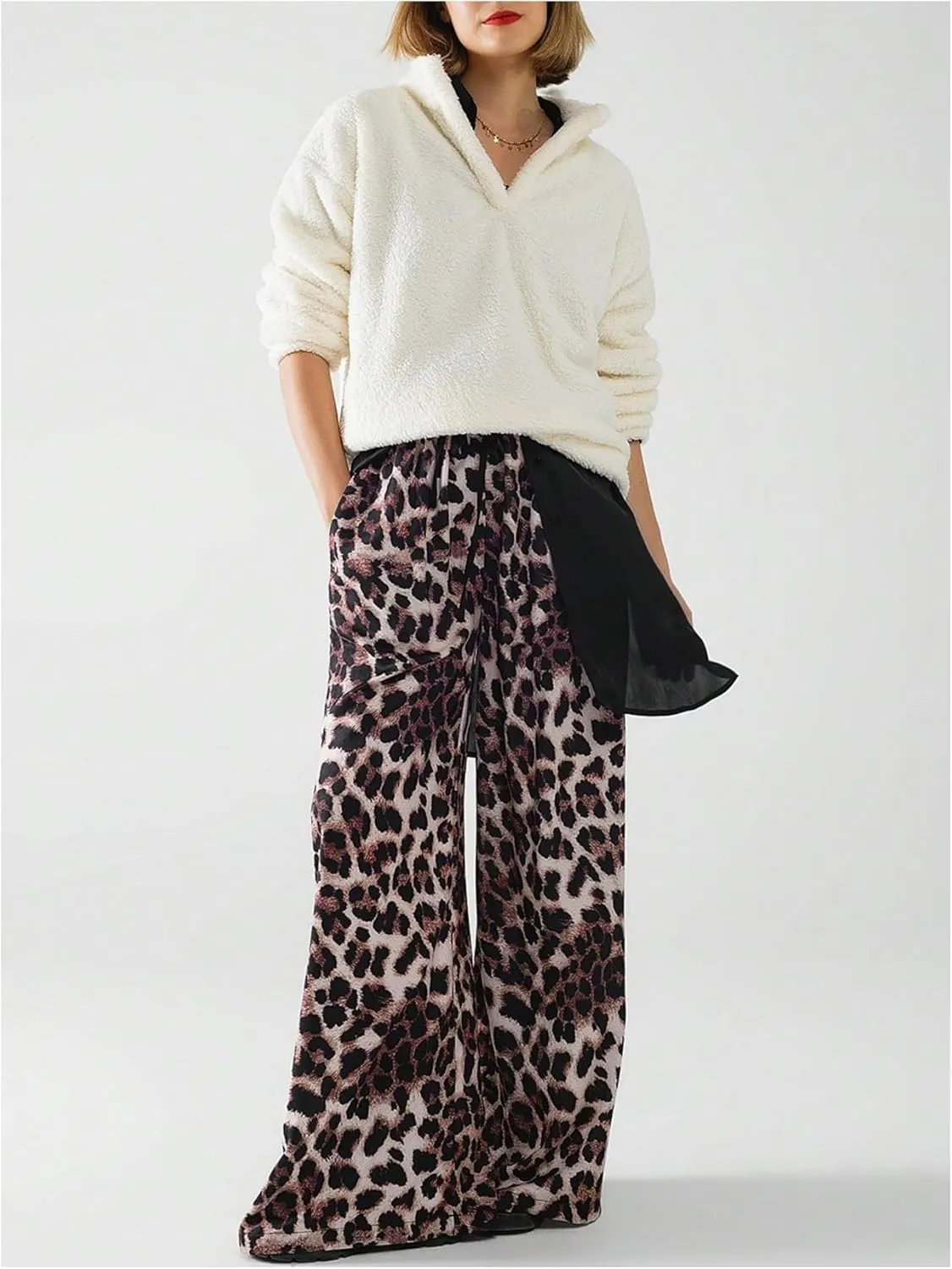 COZYEASE Women's Leopard Print Wide Leg Pants Cheetah Drawstring Waist Color Block Long Trousers