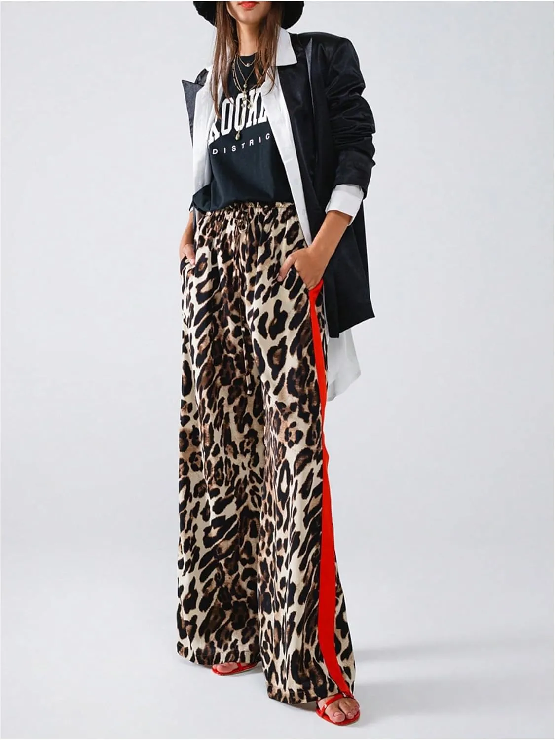 COZYEASE Women's Leopard Print Wide Leg Pants Cheetah Drawstring Waist Color Block Long Trousers