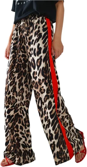 COZYEASE Women's Leopard Print Wide Leg Pants Cheetah Drawstring Waist Color Block Long Trousers