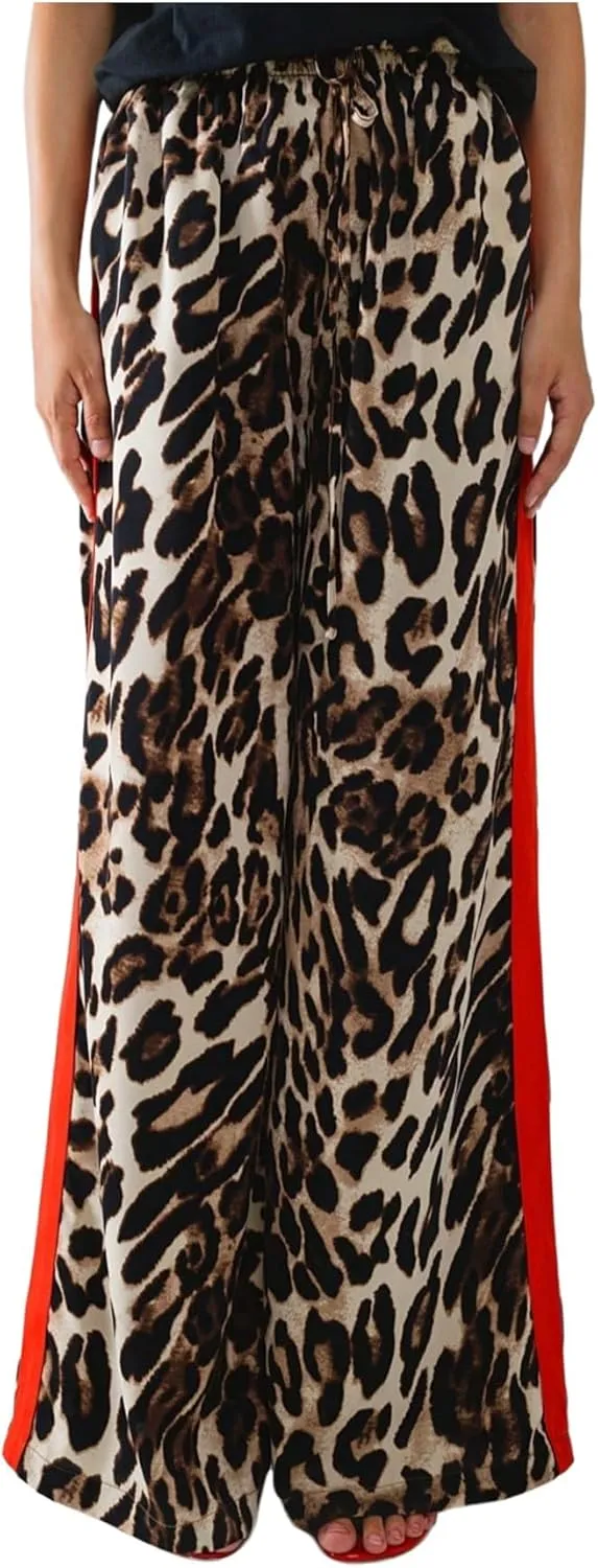 COZYEASE Women's Leopard Print Wide Leg Pants Cheetah Drawstring Waist Color Block Long Trousers