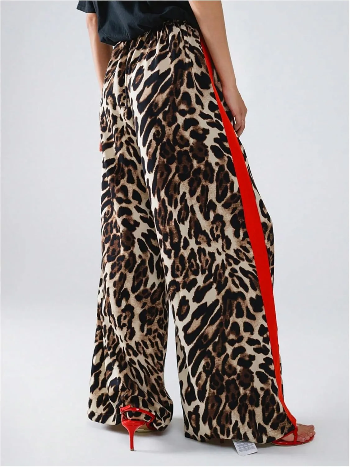 COZYEASE Women's Leopard Print Wide Leg Pants Cheetah Drawstring Waist Color Block Long Trousers