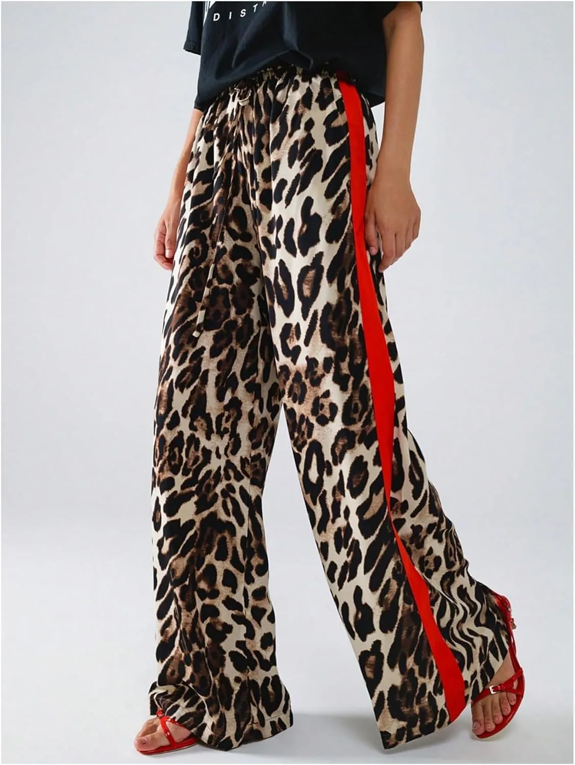 COZYEASE Women's Leopard Print Wide Leg Pants Cheetah Drawstring Waist Color Block Long Trousers