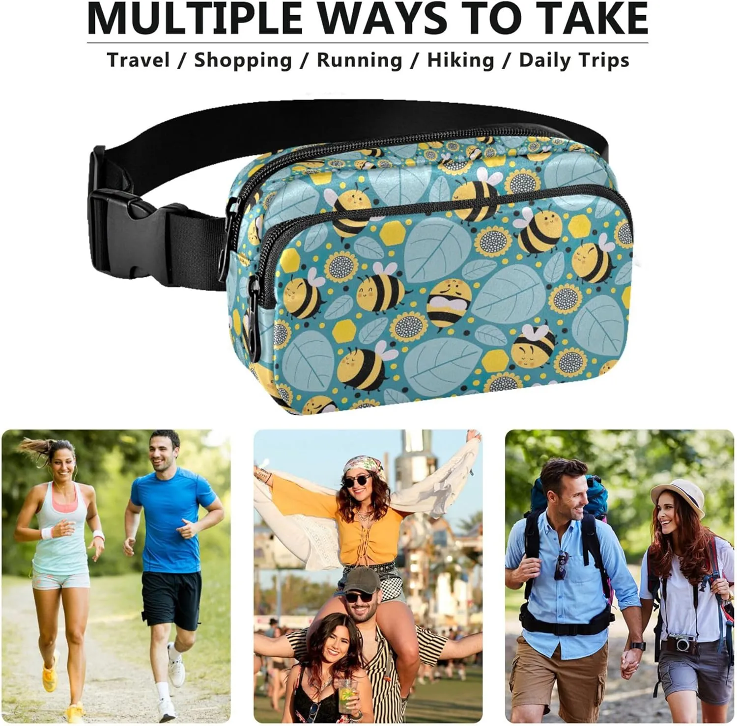 Custom Cartoon Bees Leaves Flowers Fanny Packs Women Waterproof Belt Bags Hip Pack Cute Travel Waist Pouch