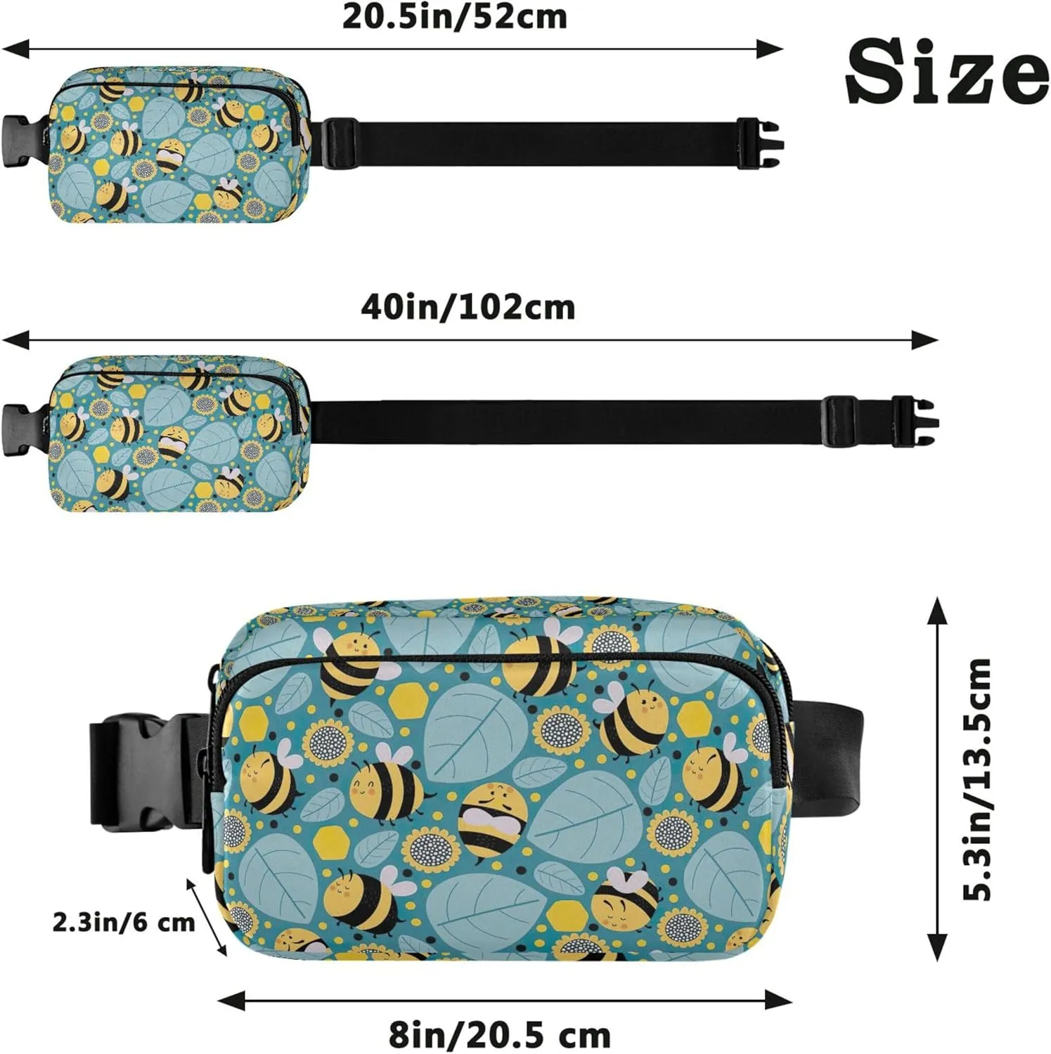Custom Cartoon Bees Leaves Flowers Fanny Packs Women Waterproof Belt Bags Hip Pack Cute Travel Waist Pouch