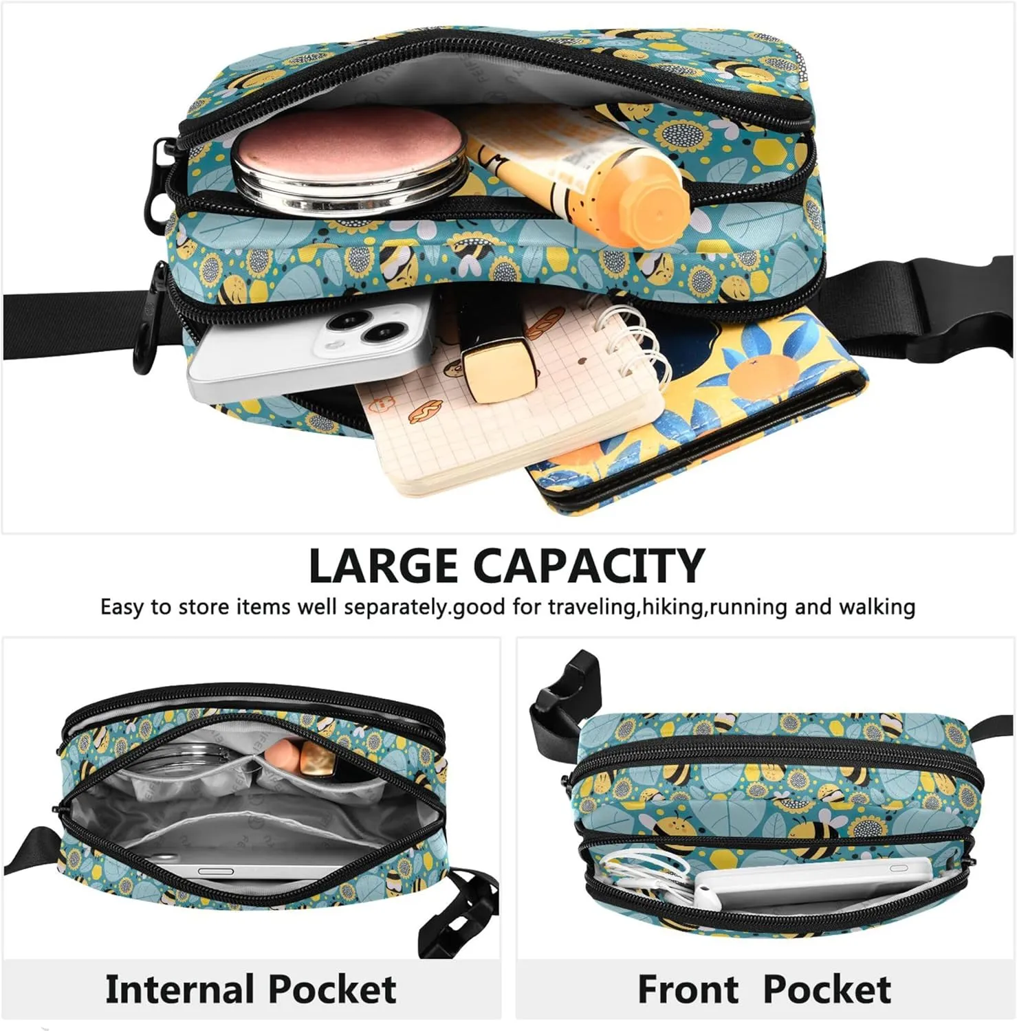 Custom Cartoon Bees Leaves Flowers Fanny Packs Women Waterproof Belt Bags Hip Pack Cute Travel Waist Pouch