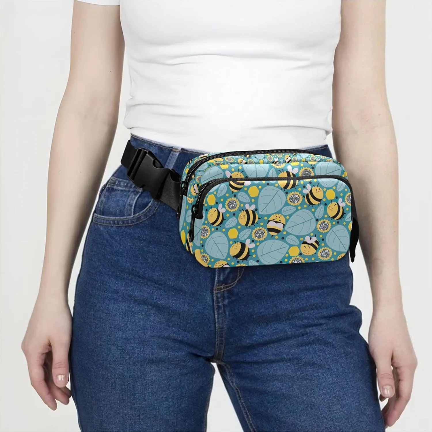 Custom Cartoon Bees Leaves Flowers Fanny Packs Women Waterproof Belt Bags Hip Pack Cute Travel Waist Pouch
