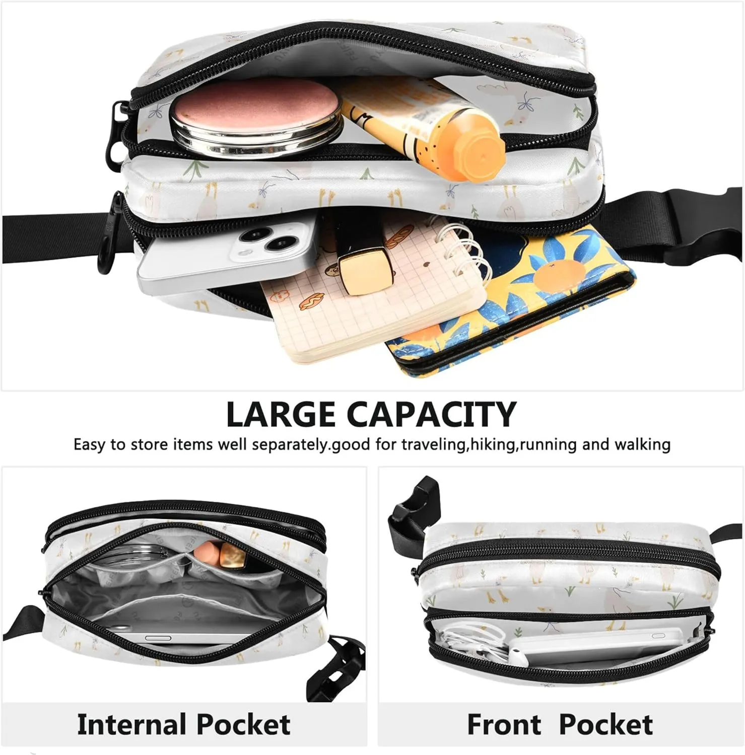 Custom Cartoon Duck Floral Cute Fanny Pack for Women Waterproof Belt Bags Hip Pack Cute Waist Pouch for Women