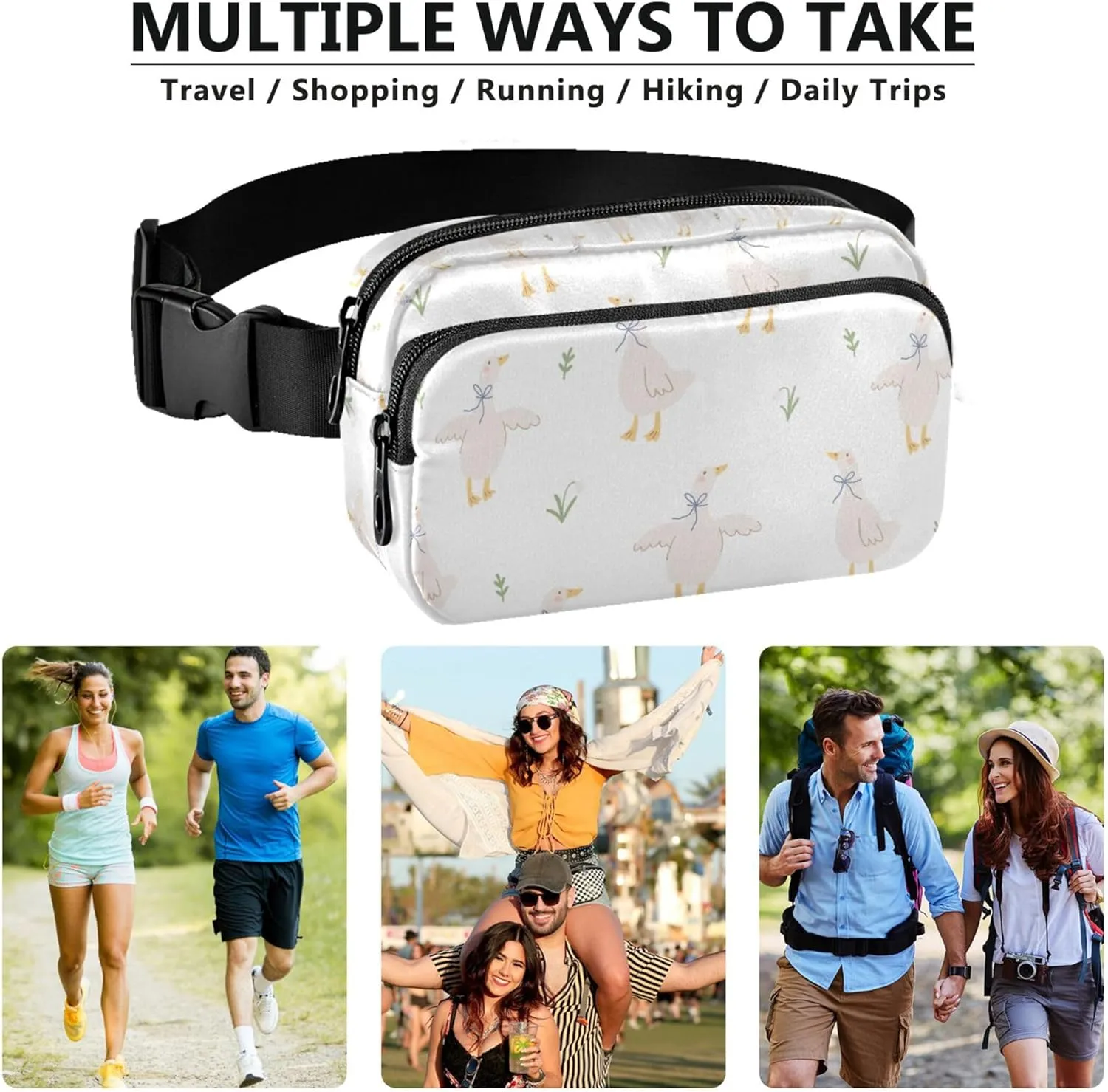 Custom Cartoon Duck Floral Cute Fanny Pack for Women Waterproof Belt Bags Hip Pack Cute Waist Pouch for Women