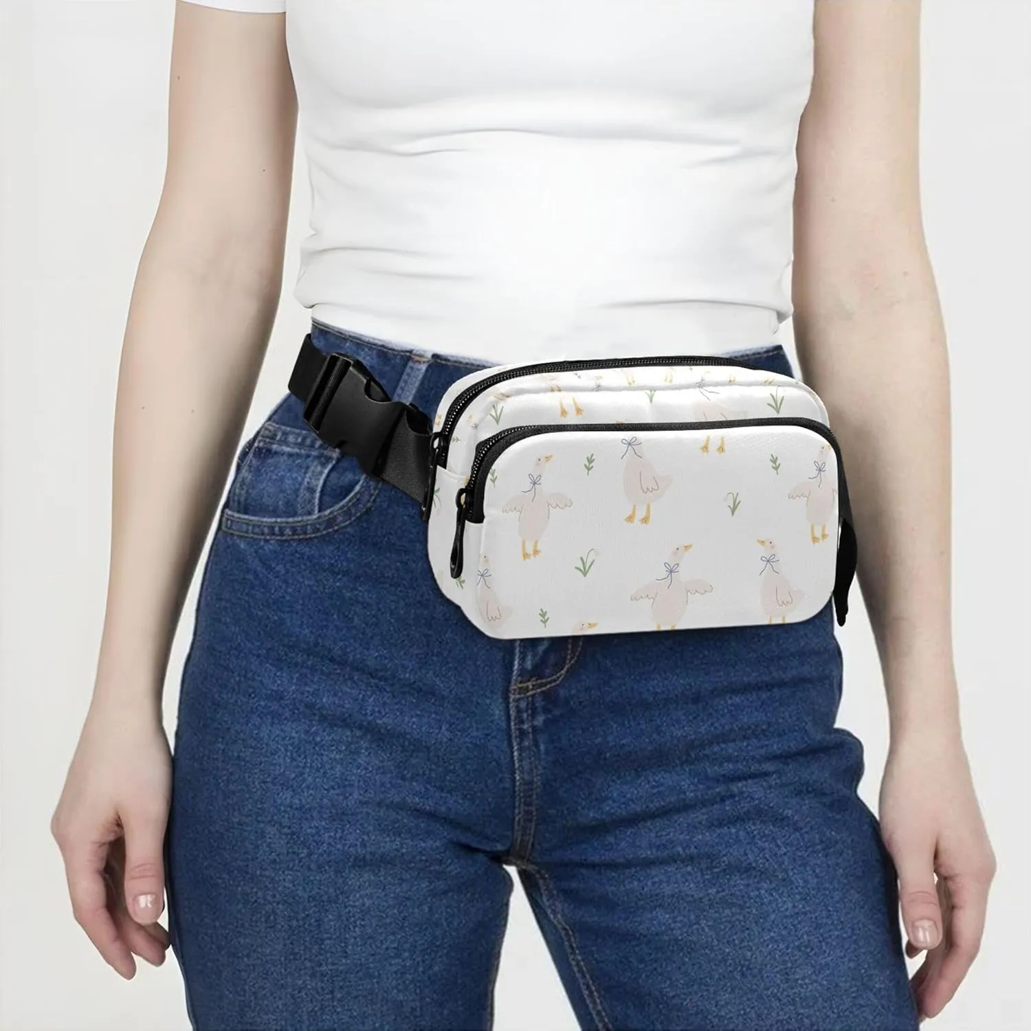 Custom Cartoon Duck Floral Cute Fanny Pack for Women Waterproof Belt Bags Hip Pack Cute Waist Pouch for Women