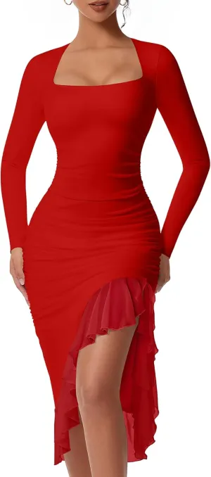 DAAWENXI Women's Sexy Ruched Bodycon Midi Dresses Square Neck Long Sleeve Ruffle Hem Cocktail Party Dress