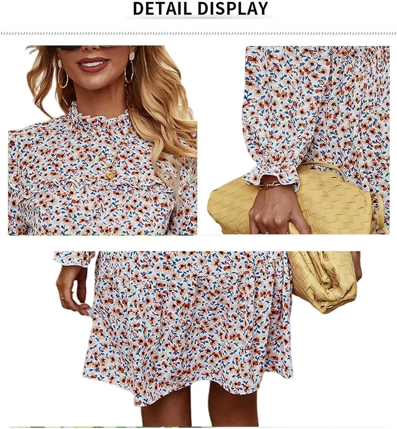 Daily Wear Floral Print Mini Dress Long Sleeve for Women Flowy Bohemian Ruffle Beach Short Dress (Color : Pink, Size : XL-XLarge)