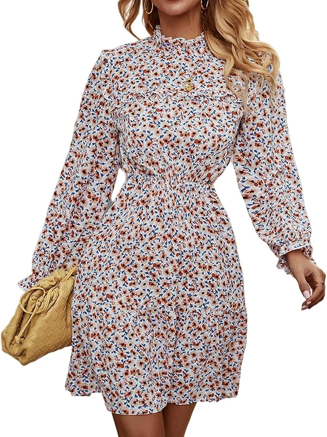 Daily Wear Floral Print Mini Dress Long Sleeve for Women Flowy Bohemian Ruffle Beach Short Dress (Color : Pink, Size : XL-XLarge)