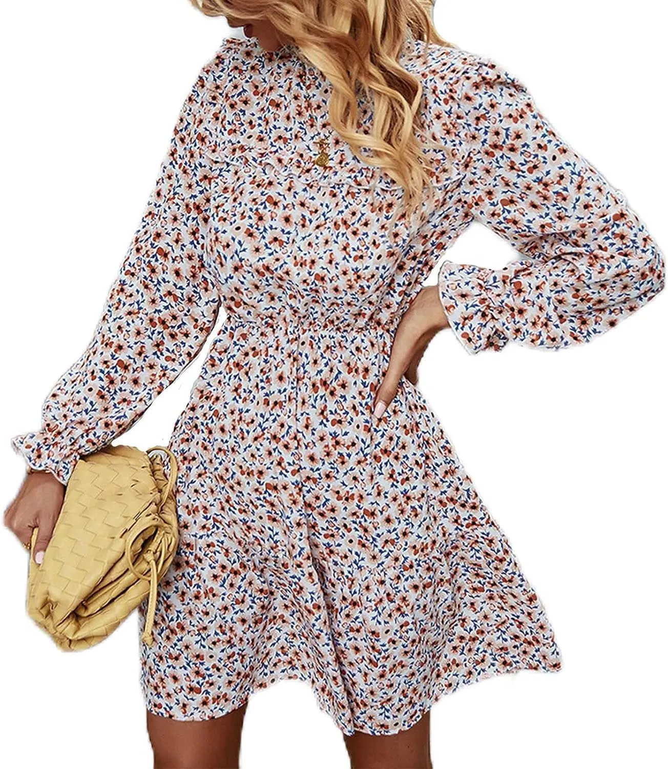 Daily Wear Floral Print Mini Dress Long Sleeve for Women Flowy Bohemian Ruffle Beach Short Dress (Color : Pink, Size : XL-XLarge)
