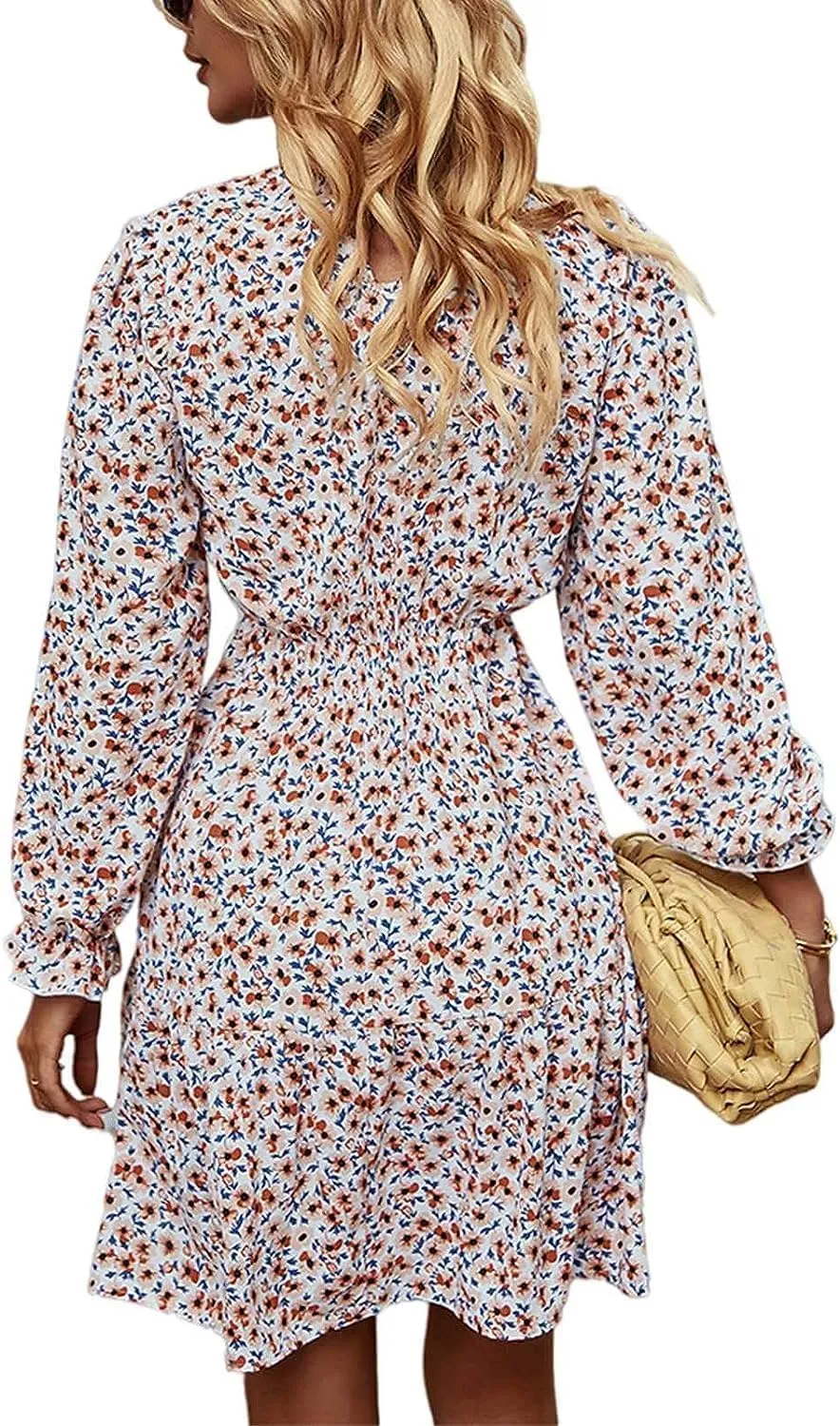 Daily Wear Floral Print Mini Dress Long Sleeve for Women Flowy Bohemian Ruffle Beach Short Dress (Color : Pink, Size : XL-XLarge)