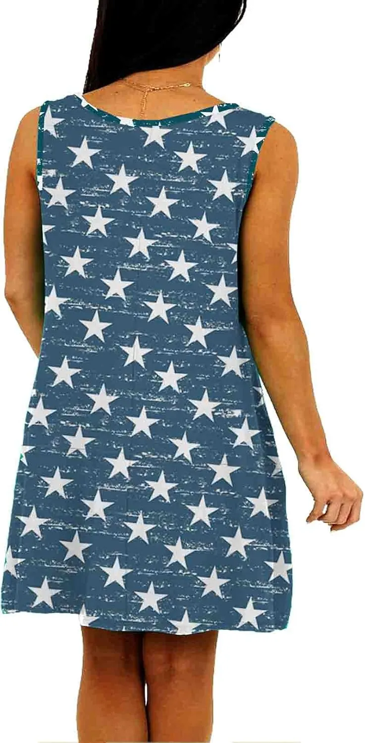 Deerose Women 4th of July Sleeeveless Dress Patriotic V Neck Tank Dresses with Pockets