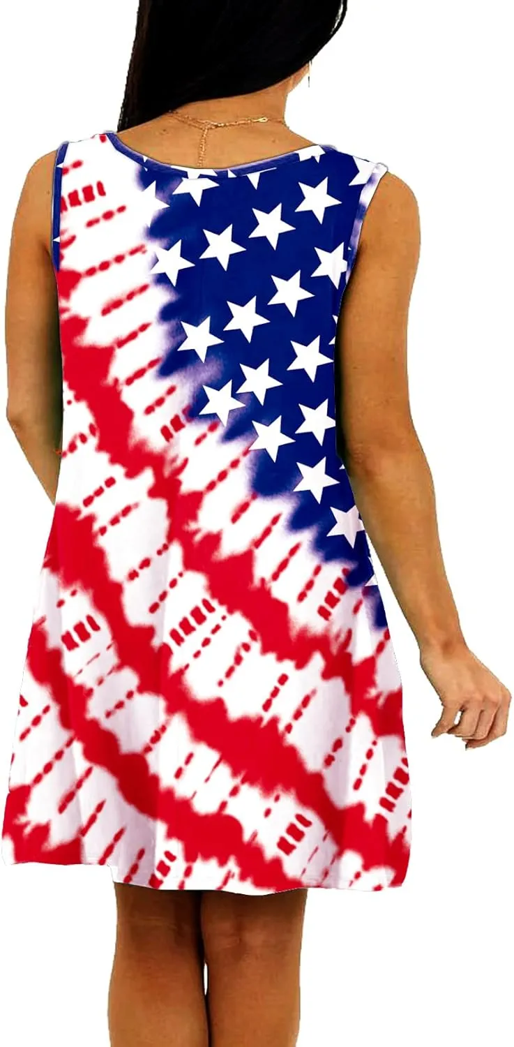 Deerose Women 4th of July Sleeeveless Dress Patriotic V Neck Tank Dresses with Pockets