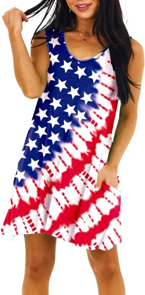 Deerose Women 4th of July Sleeeveless Dress Patriotic V Neck Tank Dresses with Pockets