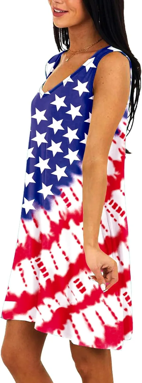Deerose Women 4th of July Sleeeveless Dress Patriotic V Neck Tank Dresses with Pockets