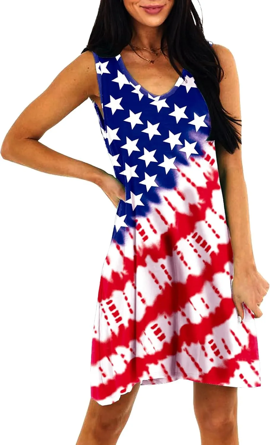 Deerose Women 4th of July Sleeeveless Dress Patriotic V Neck Tank Dresses with Pockets