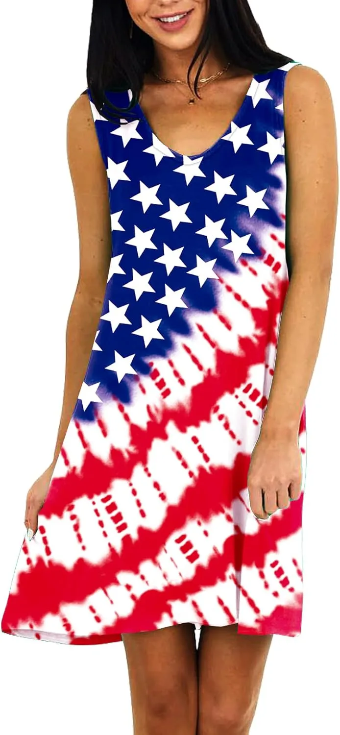 Deerose Women 4th of July Sleeeveless Dress Patriotic V Neck Tank Dresses with Pockets