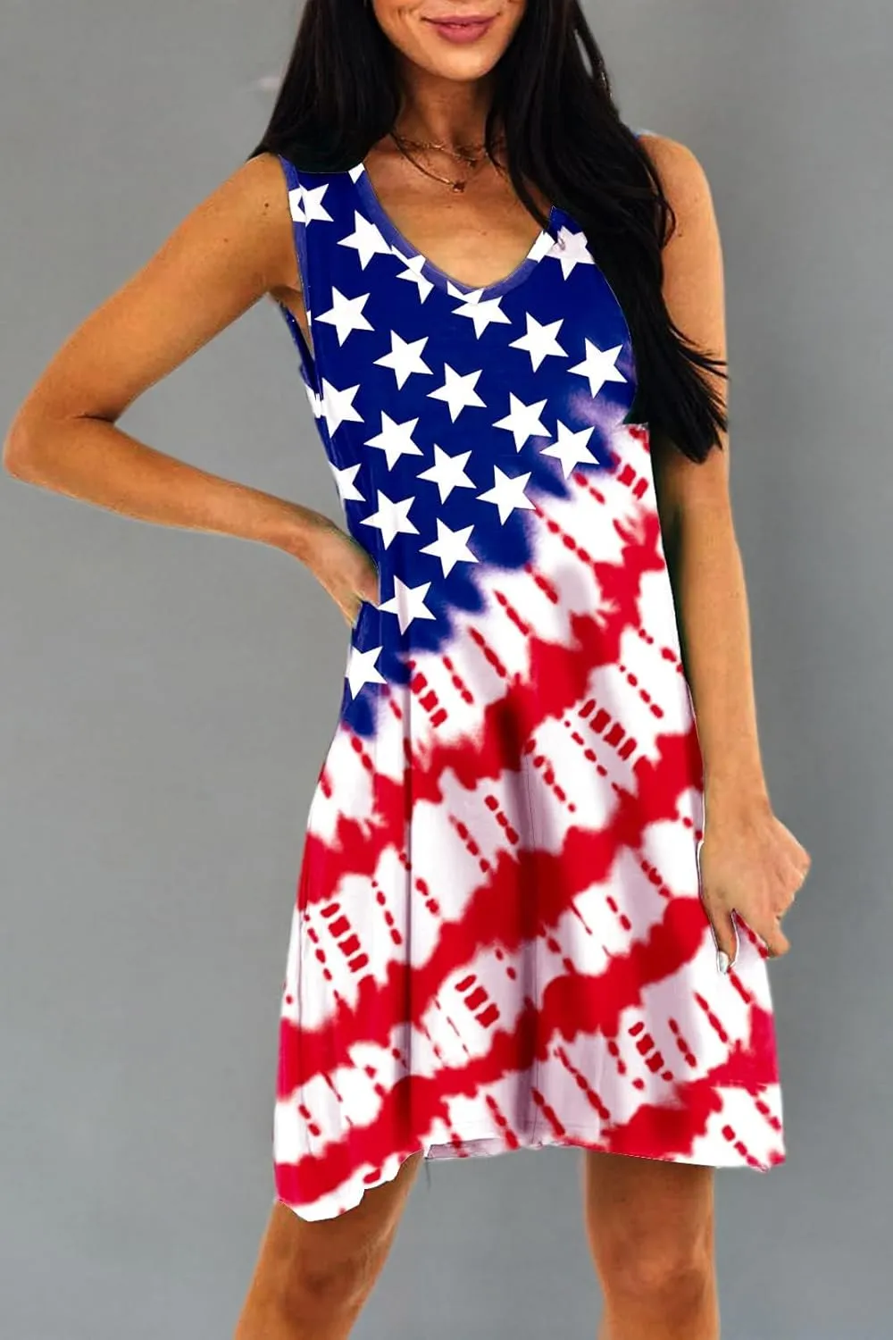 Deerose Women 4th of July Sleeeveless Dress Patriotic V Neck Tank Dresses with Pockets