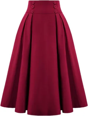 Disimlarl Solid High Waist Buttons Women Summer Skirts Pleated Vintage Retro Midi Length Long Skirt