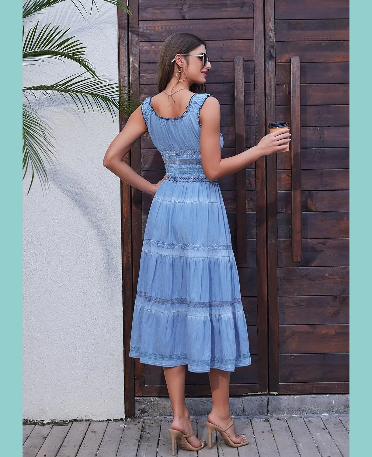 DREFBUFY Women's Maxi Dress Sleeveless Denim Long Summer A-line Casual Blue Cotton Boho Flowy Sundresses for Women