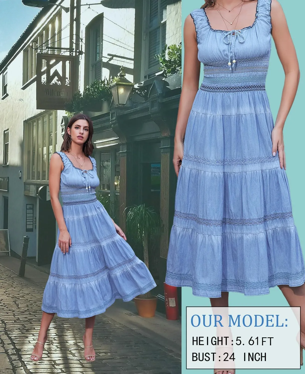 DREFBUFY Women's Maxi Dress Sleeveless Denim Long Summer A-line Casual Blue Cotton Boho Flowy Sundresses for Women