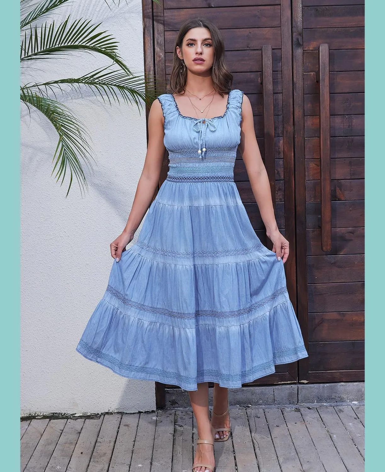 DREFBUFY Women's Maxi Dress Sleeveless Denim Long Summer A-line Casual Blue Cotton Boho Flowy Sundresses for Women