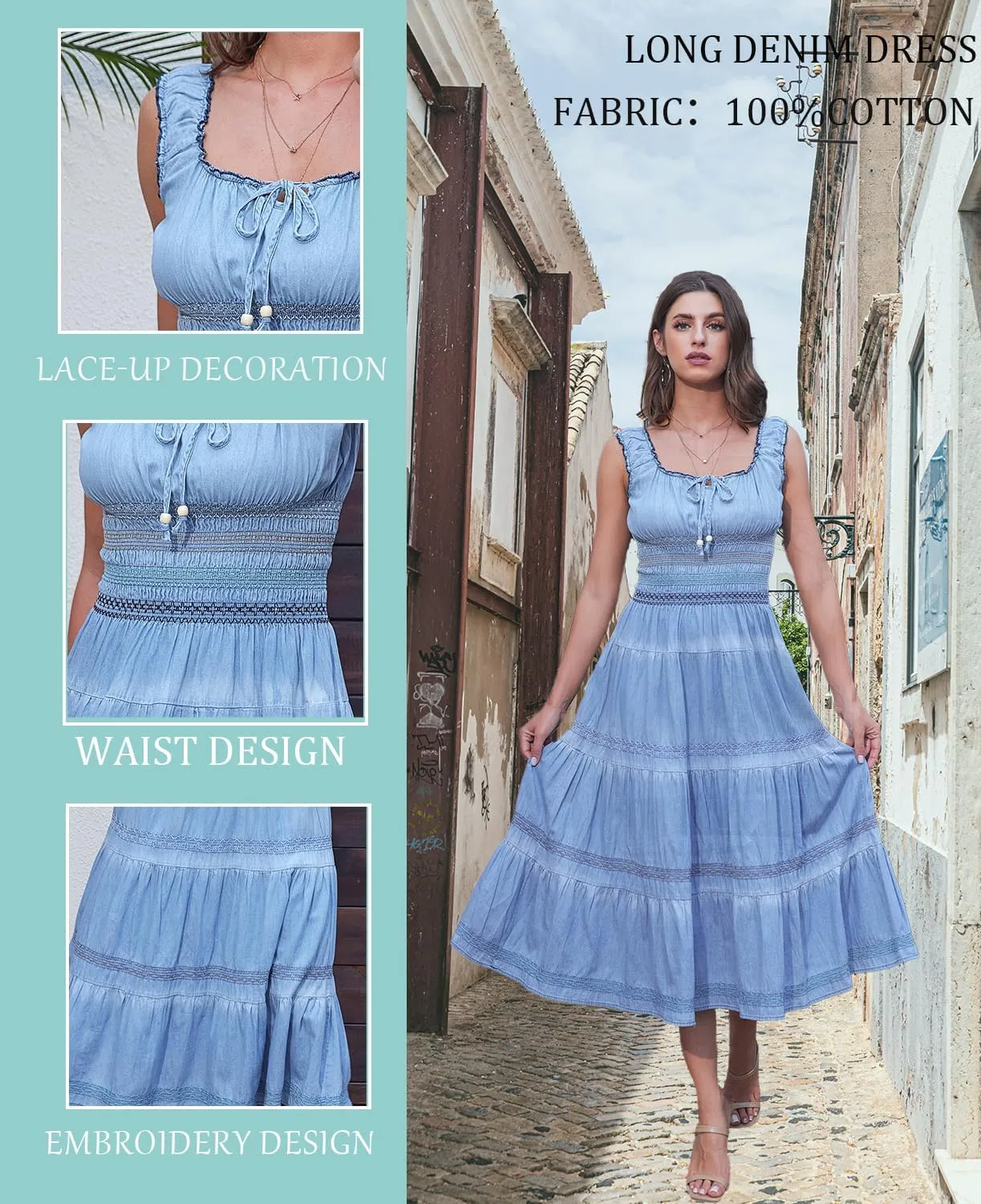DREFBUFY Women's Maxi Dress Sleeveless Denim Long Summer A-line Casual Blue Cotton Boho Flowy Sundresses for Women