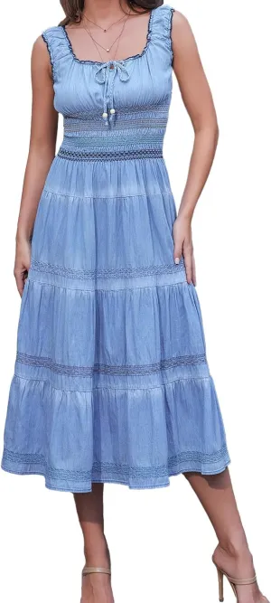 DREFBUFY Women's Maxi Dress Sleeveless Denim Long Summer A-line Casual Blue Cotton Boho Flowy Sundresses for Women