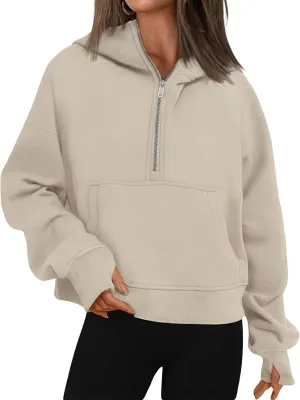 ebossy Womens Half Zip Sweatshirt Cropped Fleece Hoodies Long Sleeve Thumb Hole Oversized Pullovers with Pockets