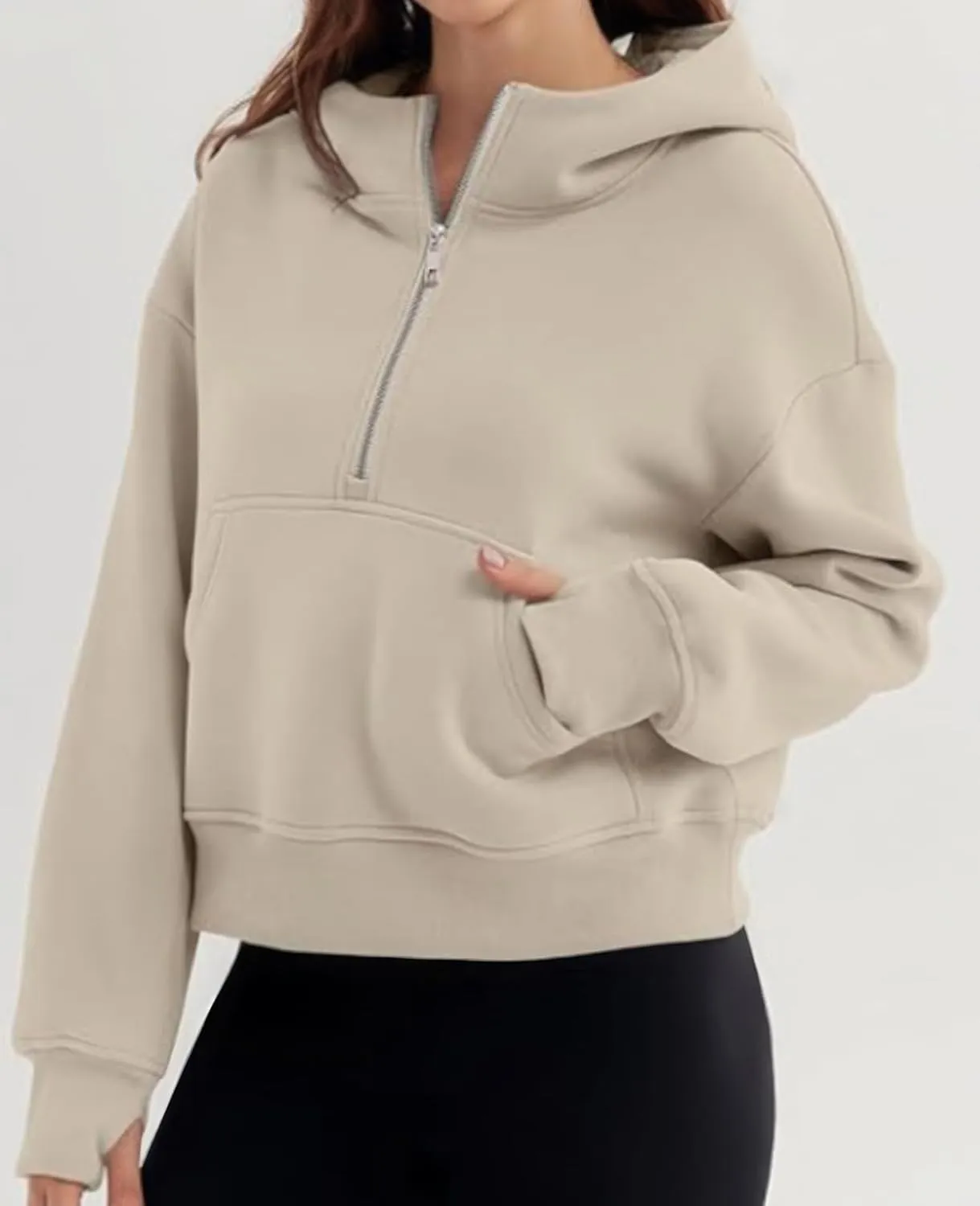 ebossy Womens Half Zip Sweatshirt Cropped Fleece Hoodies Long Sleeve Thumb Hole Oversized Pullovers with Pockets