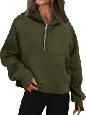 ebossy Womens Half Zip Sweatshirt Cropped Fleece Hoodies Long Sleeve Thumb Hole Oversized Pullovers with Pockets