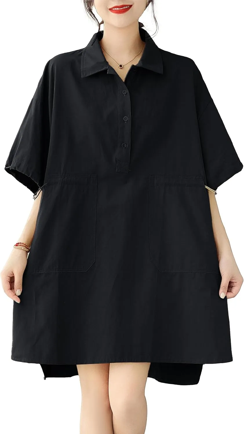 ellazhu Women's Half Sleeve Polo Collar Solid Color Button Down High Low Tunic Dress Shirts GA2689