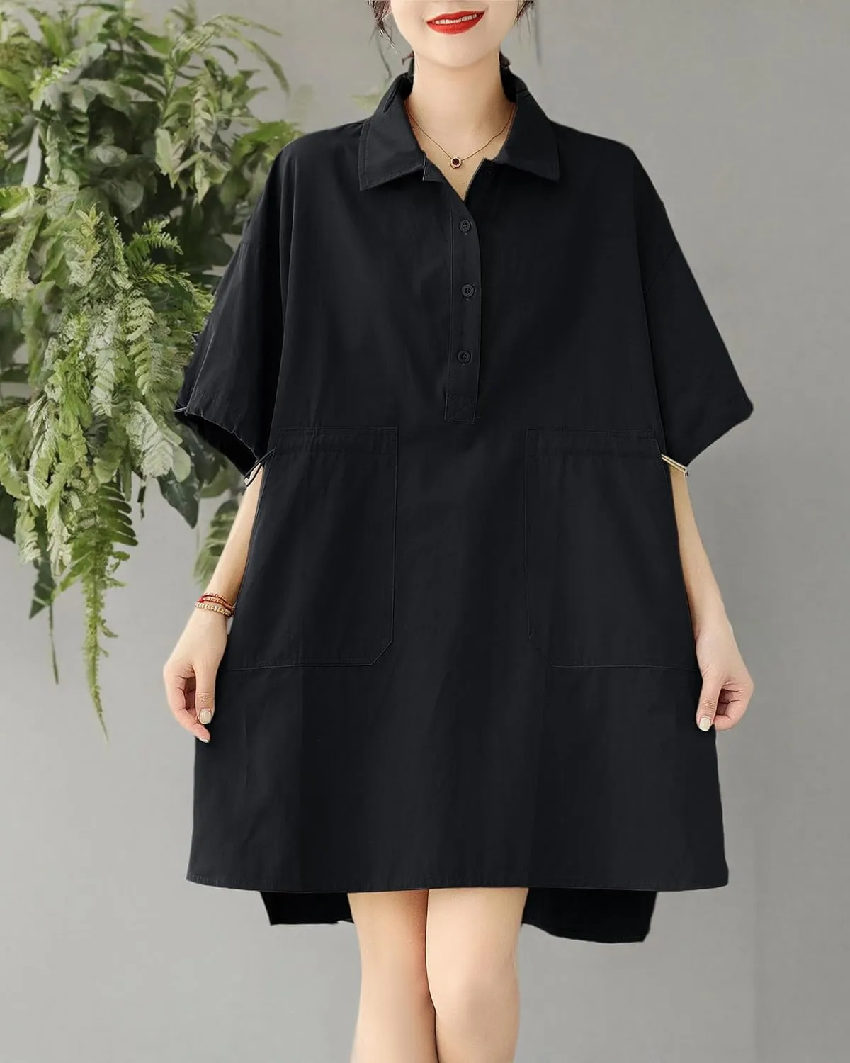 ellazhu Women's Half Sleeve Polo Collar Solid Color Button Down High Low Tunic Dress Shirts GA2689