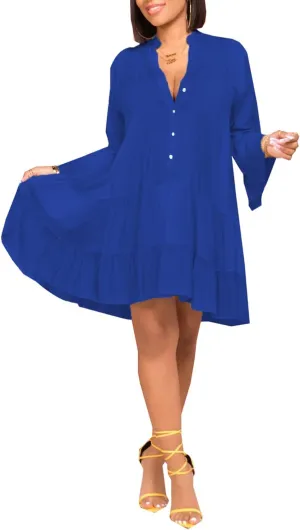 FairyLove Women Wedding Ruffle Dresses Flowy Puffy with Deep V Neck Pleated Hem Lantern Long Sleeve Bell Sleeves