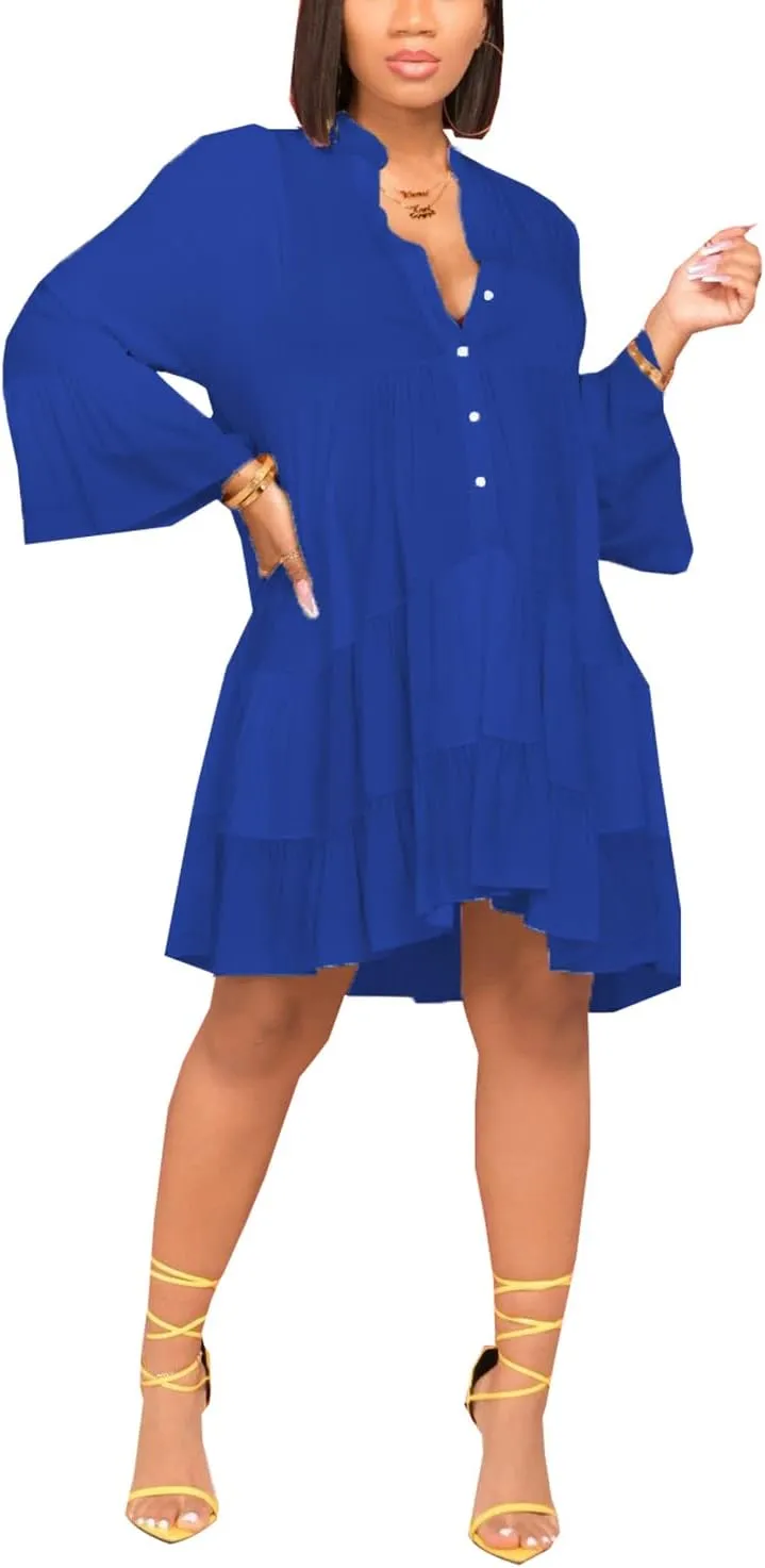 FairyLove Women Wedding Ruffle Dresses Flowy Puffy with Deep V Neck Pleated Hem Lantern Long Sleeve Bell Sleeves