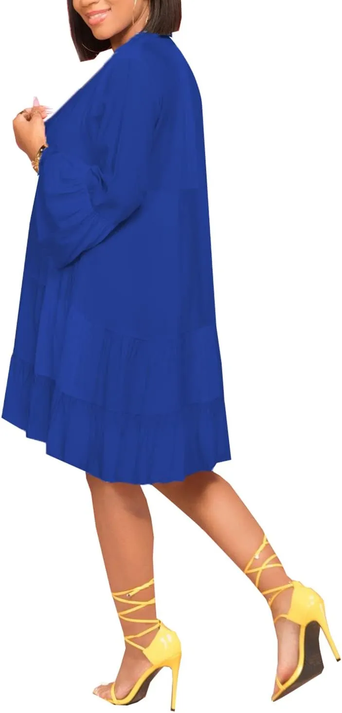 FairyLove Women Wedding Ruffle Dresses Flowy Puffy with Deep V Neck Pleated Hem Lantern Long Sleeve Bell Sleeves