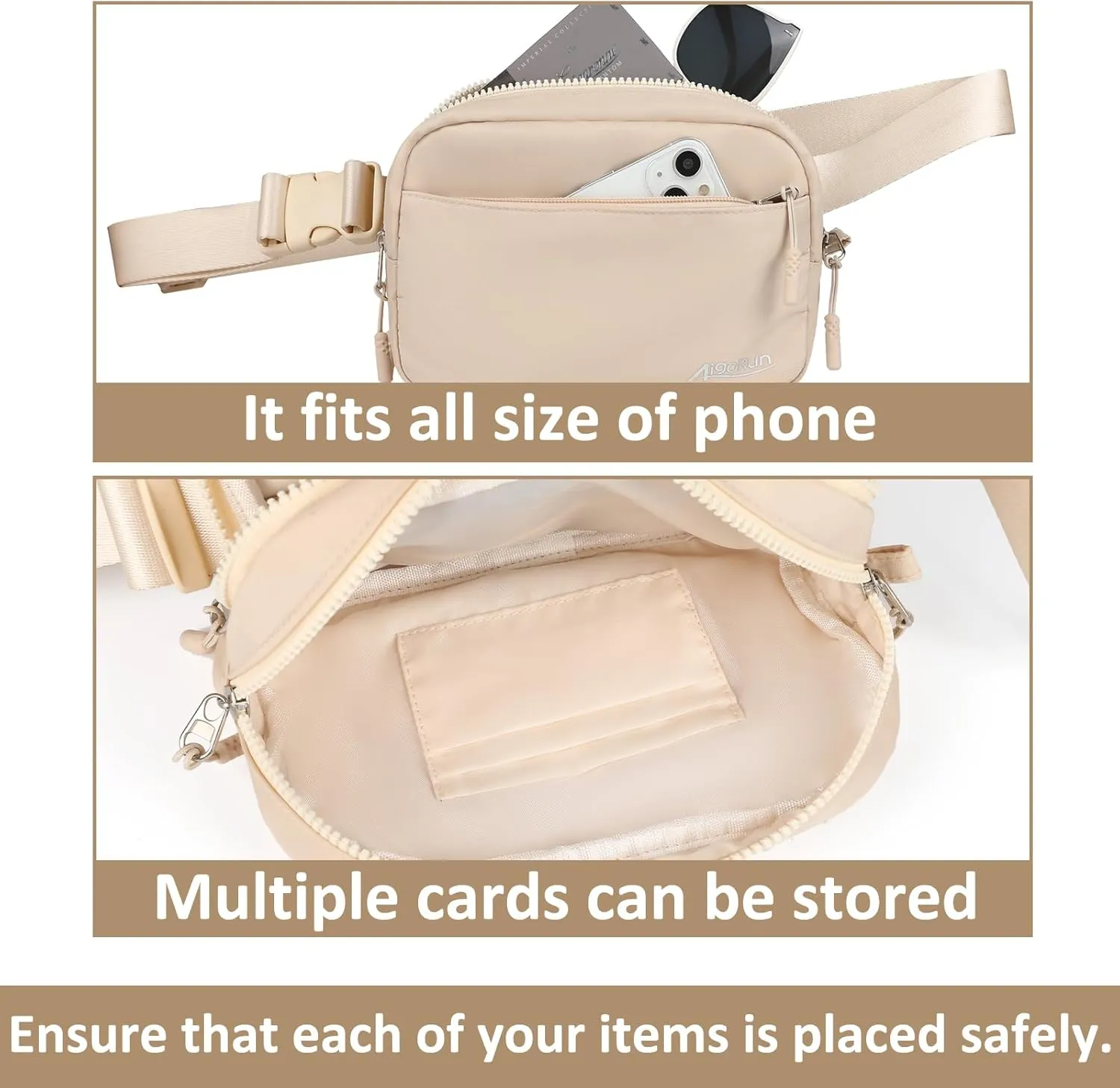Fanny Belt Bag Waist Pack Crossbody Bags Bum Bag for Running Hiking Travel Workout Adjustable Strap for Women Beige