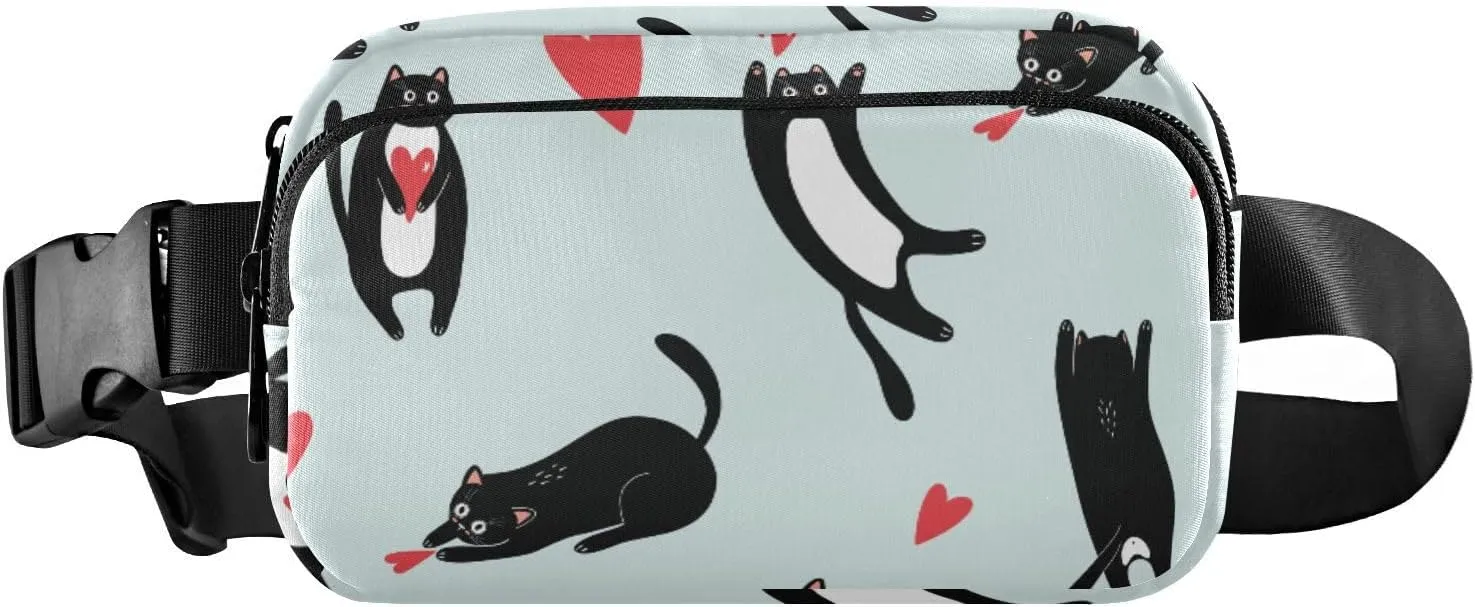 Fanny Pack for Women Men Black Cats Hearts Belt Waist Pack Bum Bag Wallets for Running Cycling Hiking Travel Workout with Adjustable Strap