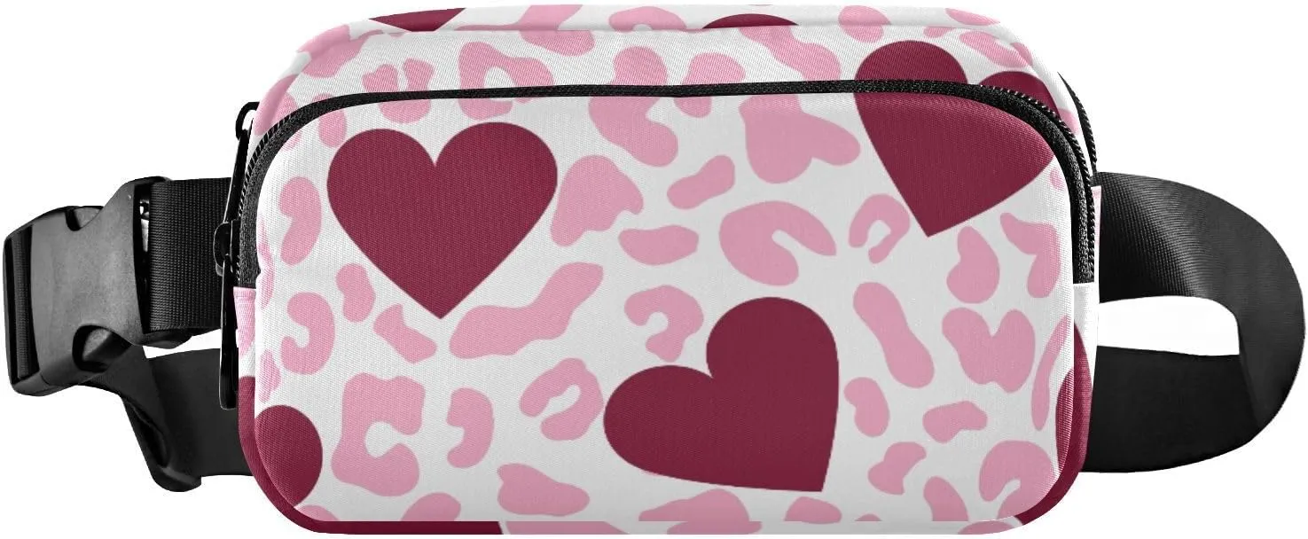 Fanny Pack for Women Men Burgundy Hearts Leopard Belt Waist Pack Bum Bag Wallets for Running Cycling Hiking Travel Workout with Adjustable Strap