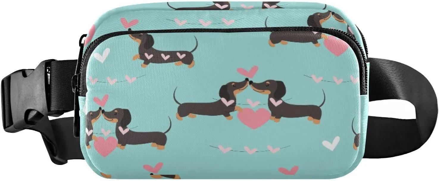Fanny Pack for Women Men Dachshund Dogs Hearts Blue Belt Waist Pack Bum Bag Wallets for Running Cycling Hiking Travel Workout with Adjustable Strap